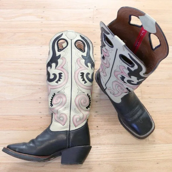 *SOLD* Tony Lama Women's Tall Buckaroo Cowboy Boots - Cream | Black | Pink - Picture 2 of 5